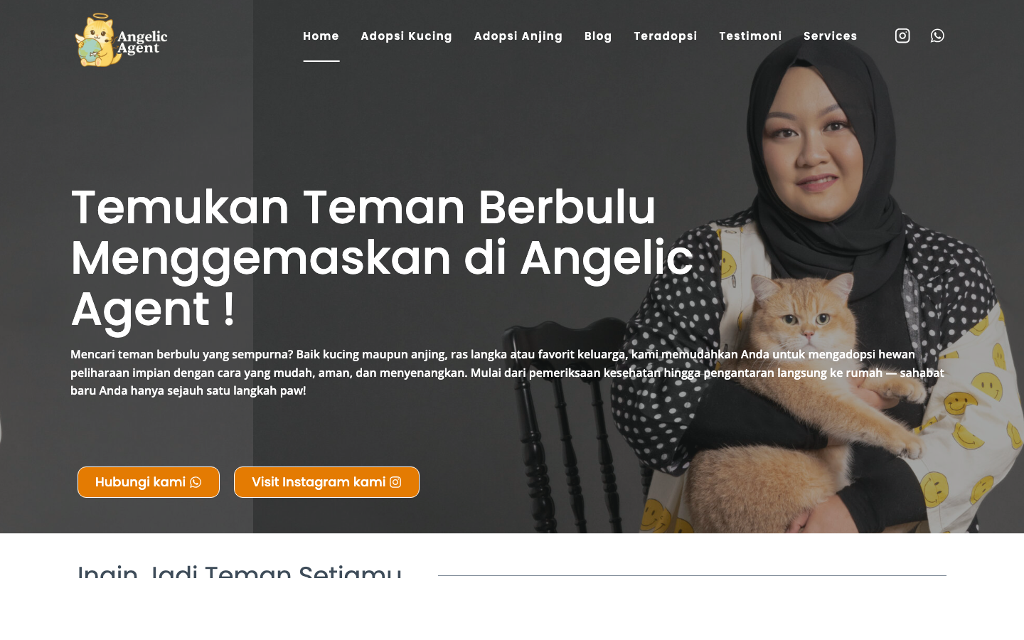 Screenshot angelicagent.id — platform adopsi hewan peliharaan