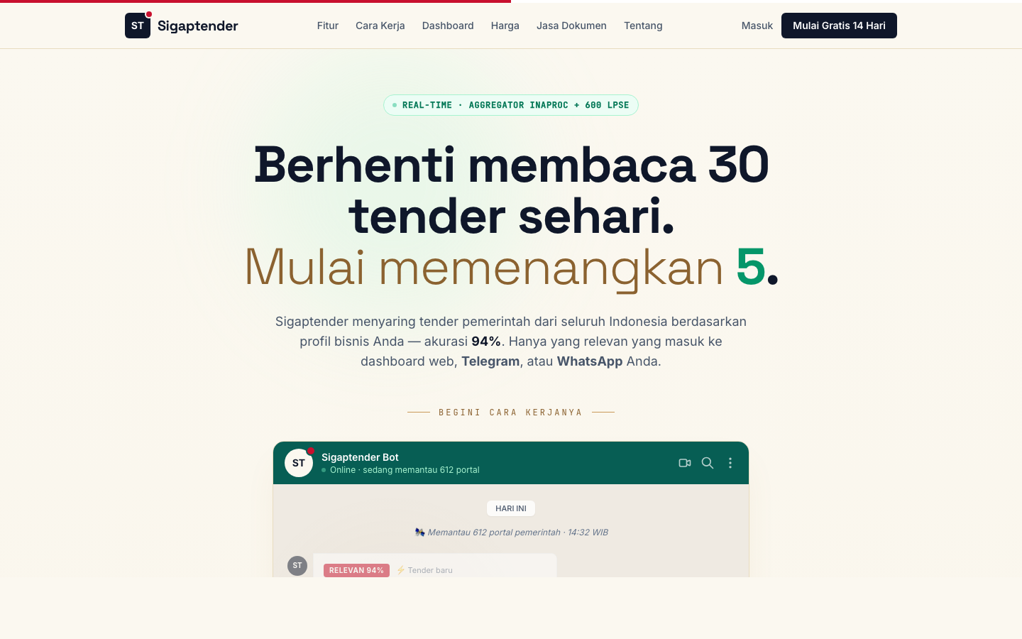 Screenshot sigaptender.id — platform tender berbasis AI